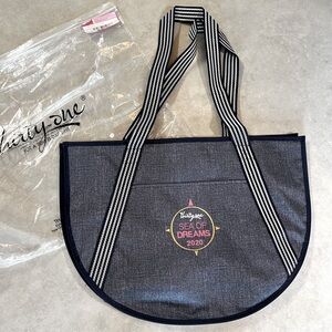 Thirty-One Navy Round Utility Tote with Striped Handles. New.